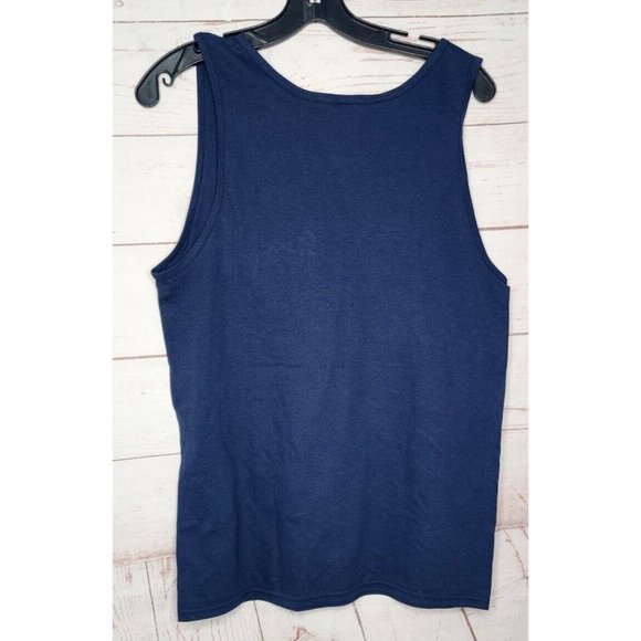 Beach Simple Logo Cotton Blend U.S.A Made Small Blue White Letters Tank Top - Picture 6 of 12
